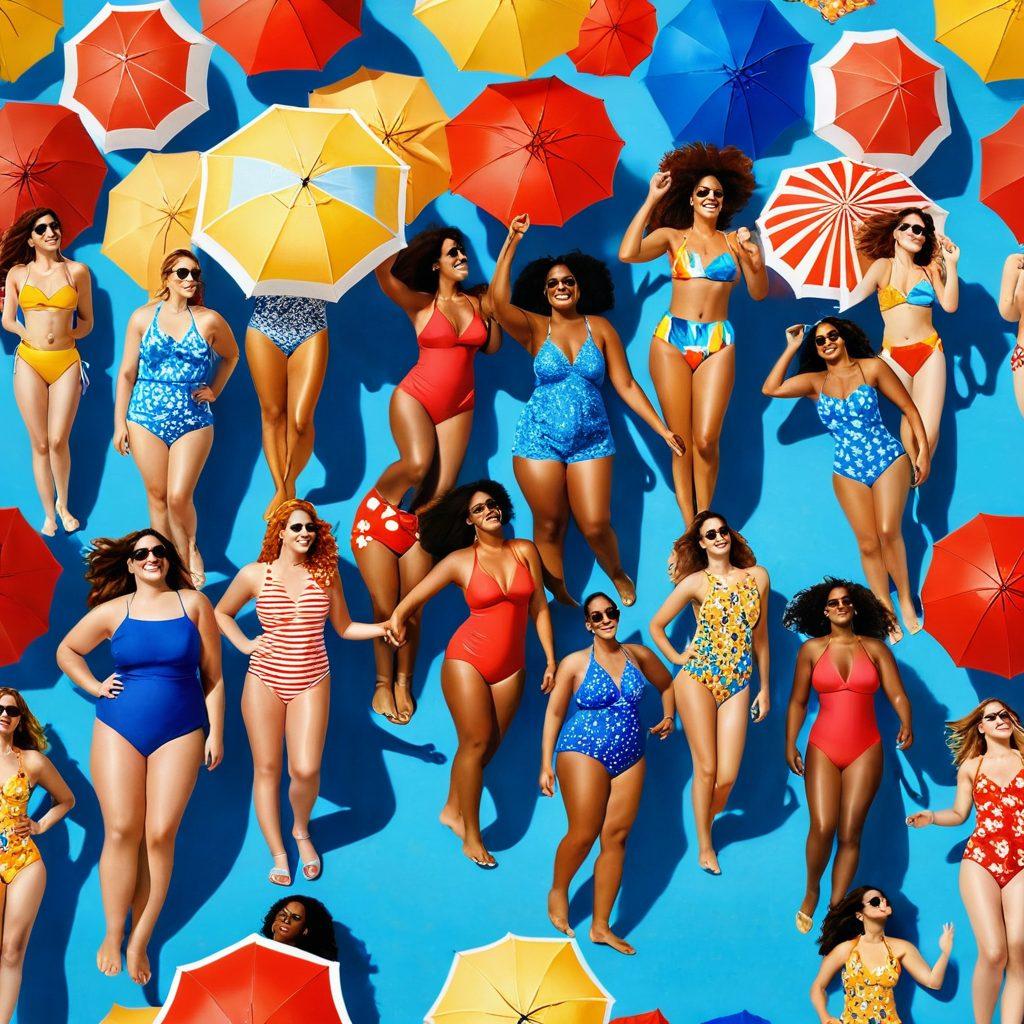 A stylish beach scene showcasing a diverse group of women trying on colorful two-piece swimsuits, with various patterns and styles on display. Include vibrant beach umbrellas, sun-kissed sand, and clear blue water in the background, capturing the joy of summer fashion. The scene should exude confidence, excitement, and body positivity. Bright, cheerful colors. super-realistic. vibrant colors.